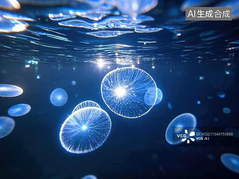【AI数字艺术】深海中的一线光明，水下世界的阳光倾泻图片素材