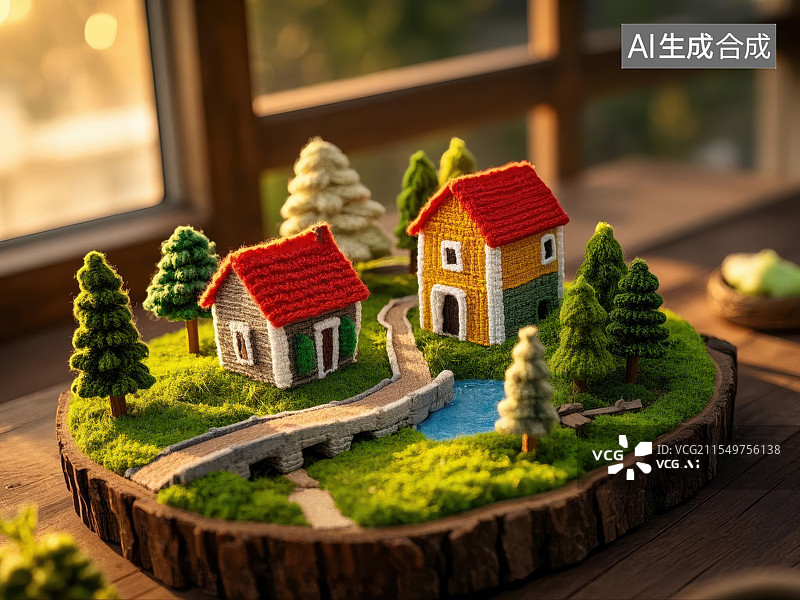 【AI数字艺术】微缩小镇田园牧歌，毛线编织的童话世界图片素材
