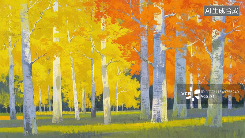 【AI数字艺术】金色秋日森林,绚烂秋色油画图片素材