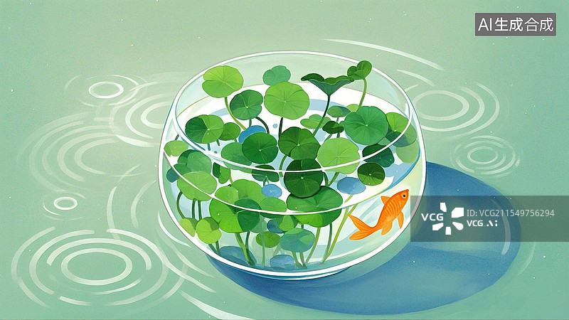 【AI数字艺术】鱼缸中的金钱草水彩插画图片素材