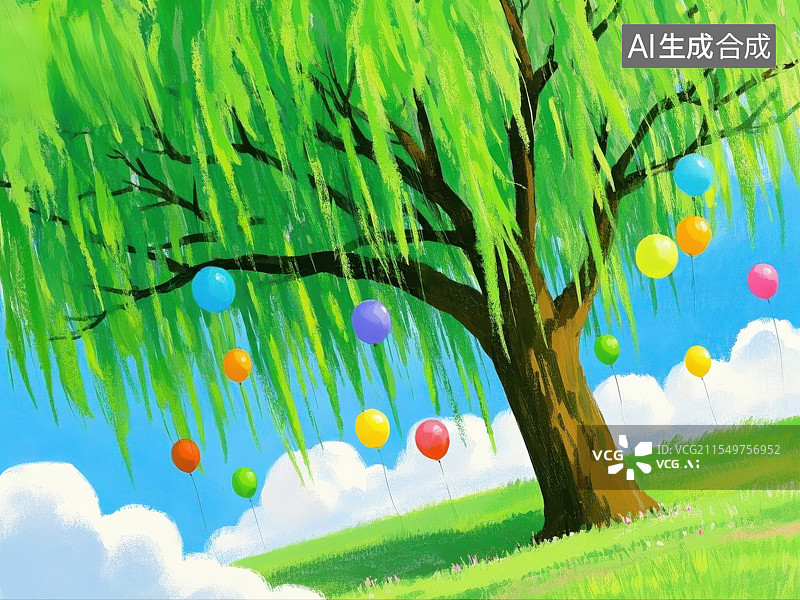 【AI数字艺术】柳树下的绿色生机，春意盎然的柳树画卷图片素材