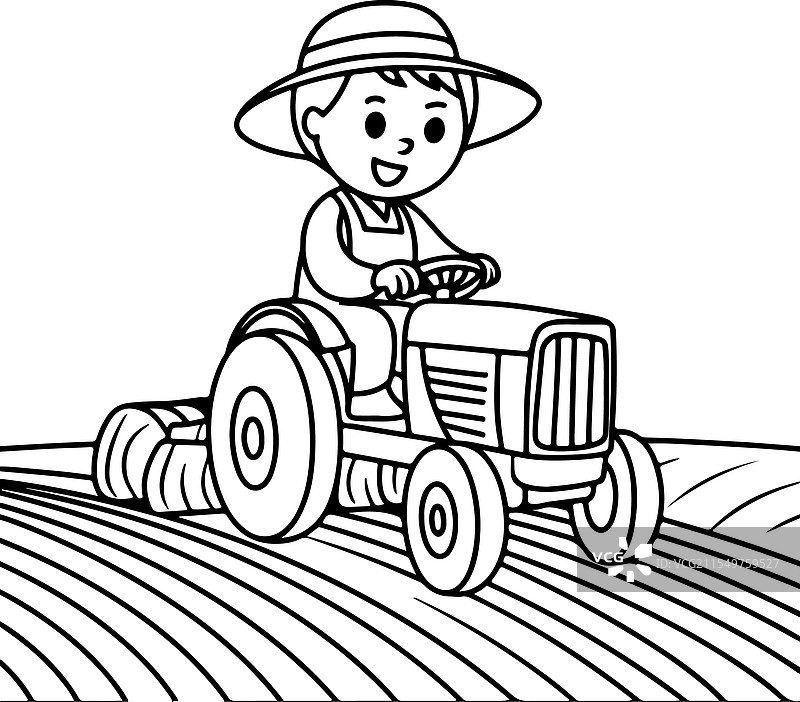 黑白色的农民在拖拉机上图片素材