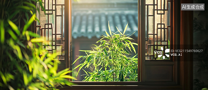 【AI数字艺术】中式园林窗户外的春色图片素材