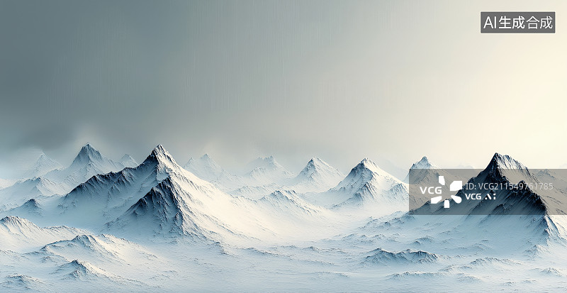 【AI数字艺术】油画质感边框，内绘雪山远景，峰覆厚雪，冰川蜿蜒，蓝天、白云与山脉相映，尽显壮阔。居下图片素材