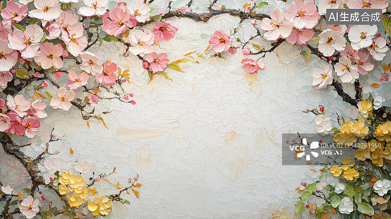 【AI数字艺术】油画风格边框，花卉娇艳盛开，笔触细腻，色彩绚丽，弥漫着浪漫芬芳，尽显春日花园盛景 。环绕图片素材