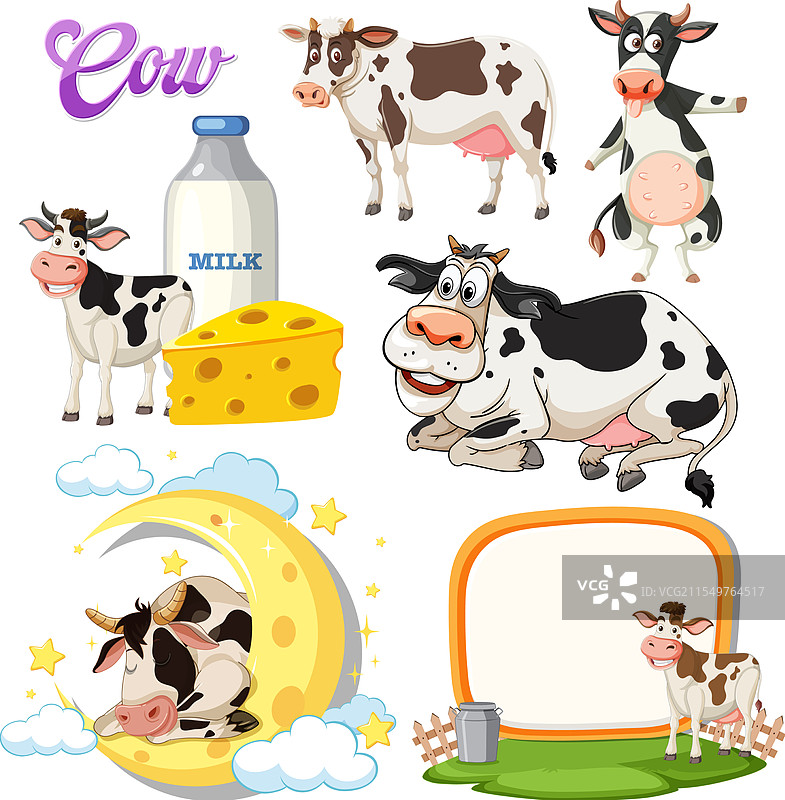 卡通奶牛与牛奶和奶酪元素图片素材