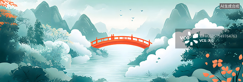 【AI数字艺术】青山绿水间的红色拱桥图片素材