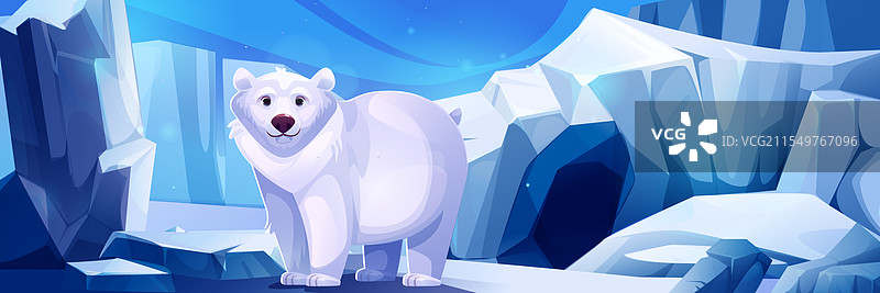北极熊站在冰川附近的北极洞穴入口处图片素材