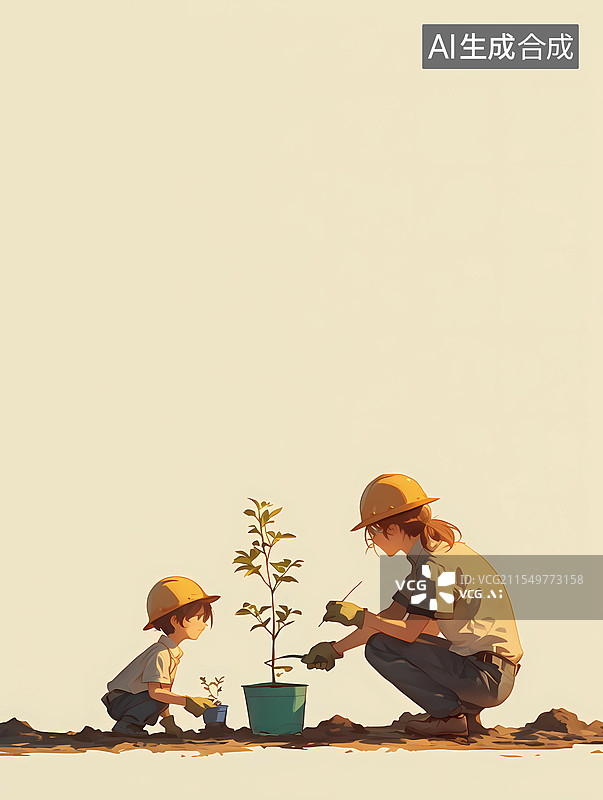 【AI数字艺术】母子正在给花盆的植物填土图片素材