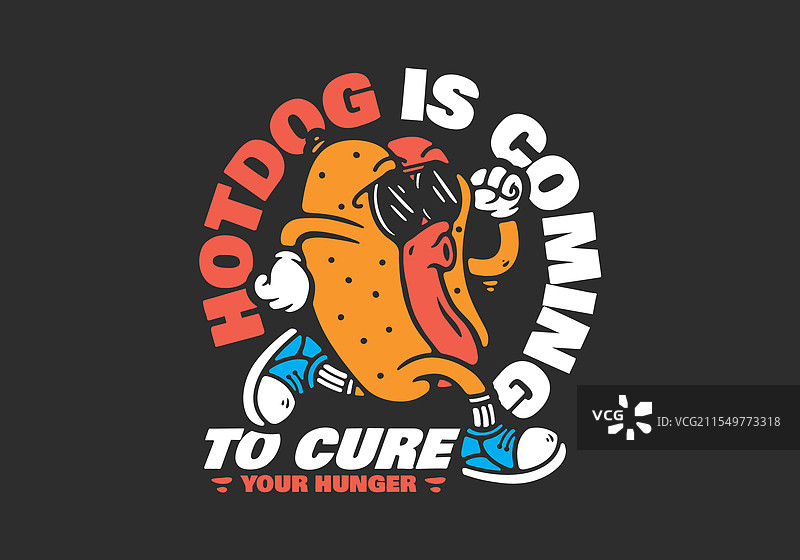 戴着太阳镜的热狗角色在奔跑姿势中图片素材