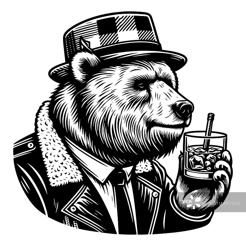 戴着帽子和饮料的熊雕刻图案图片素材