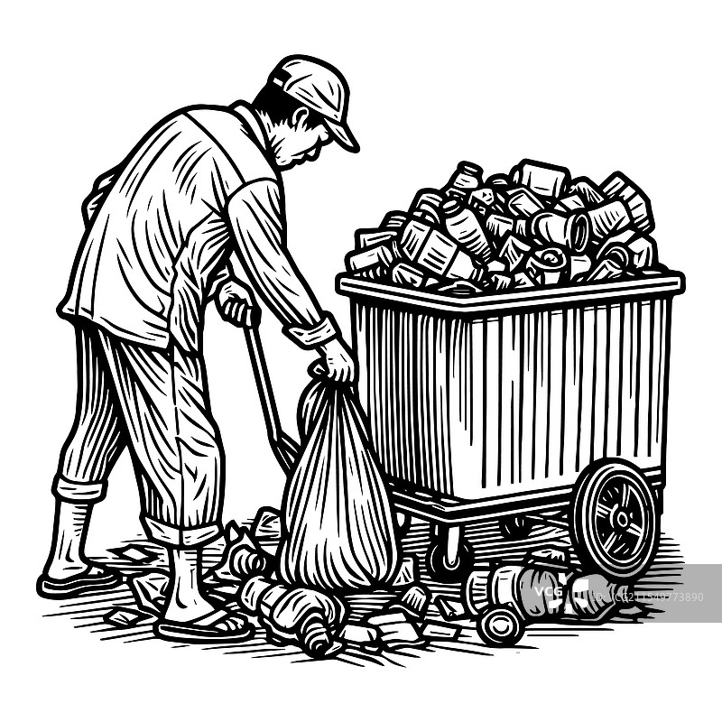 工人在满溢的垃圾桶旁收集垃圾图片素材