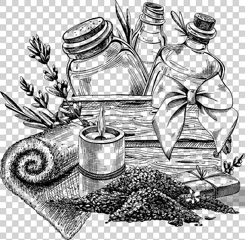 玻璃罐装水疗蜡烛，海盐浴巾图片素材