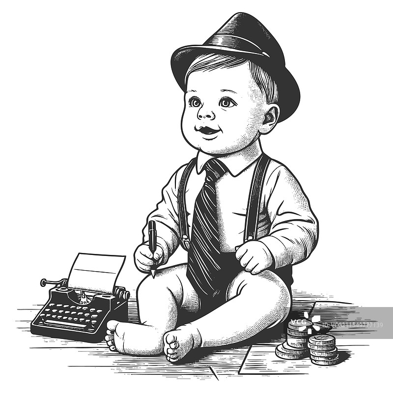 穿着西装的婴儿与打字机图片素材