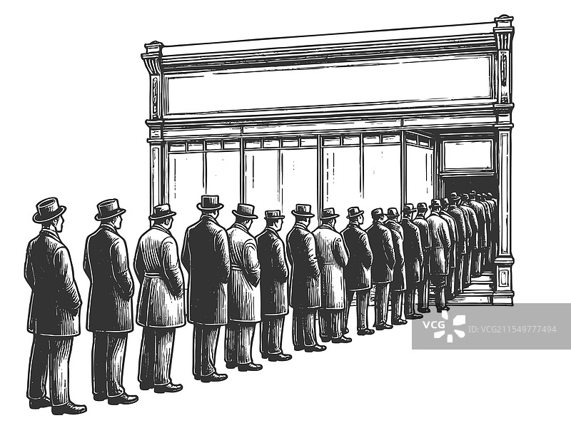 建筑外面排队的男人们图片素材