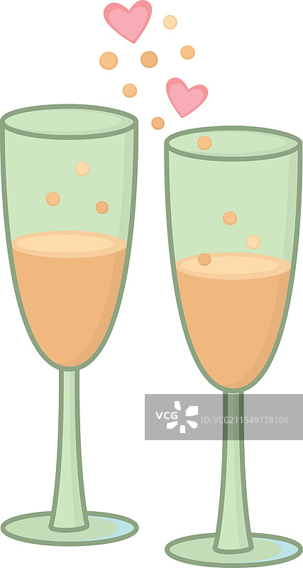 香槟杯中盛满闪亮的饮品和爱心图案图片素材