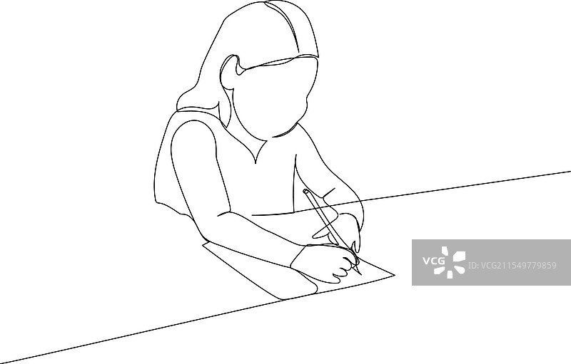 女孩在一张纸上写字，画出了一位女学生。图片素材