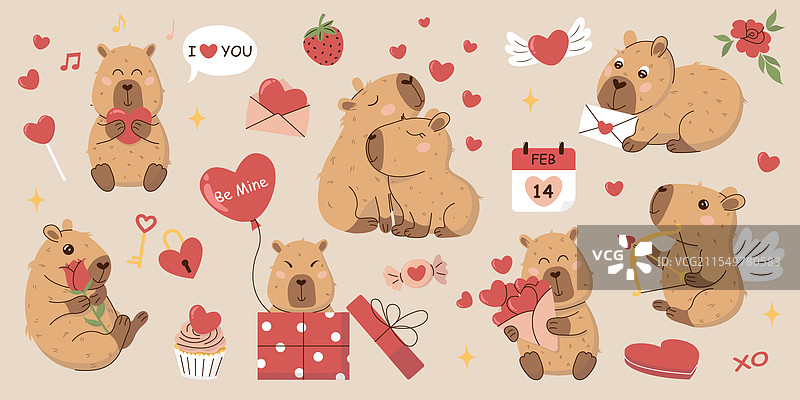 迷人的情人节贴纸套装，包含图片素材