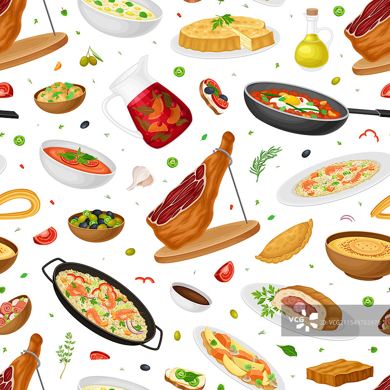 西班牙菜肴和食物的无缝图案图片素材