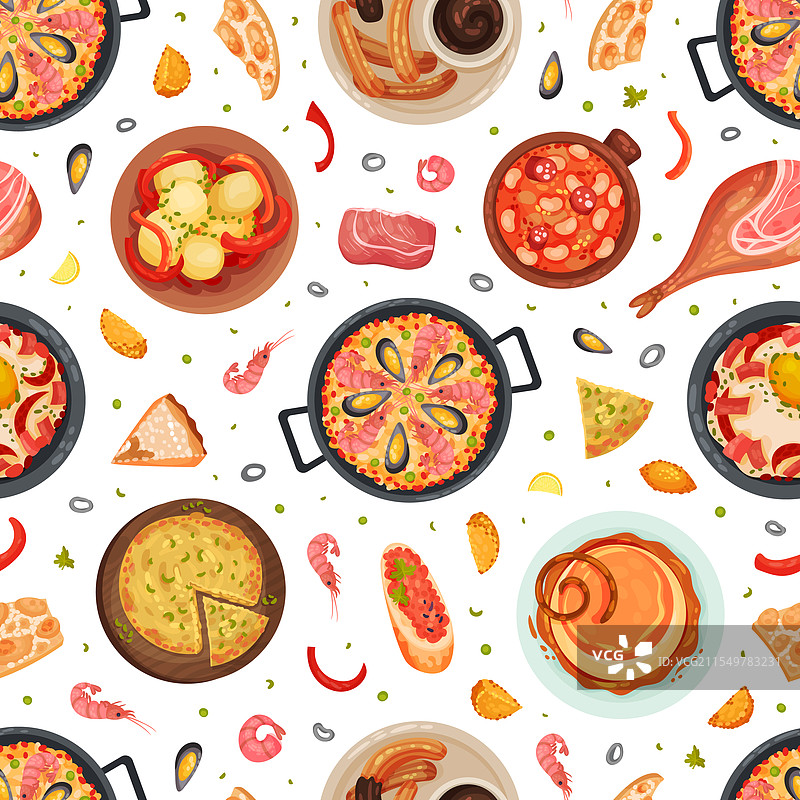 西班牙菜肴和食品的无缝图案图片素材