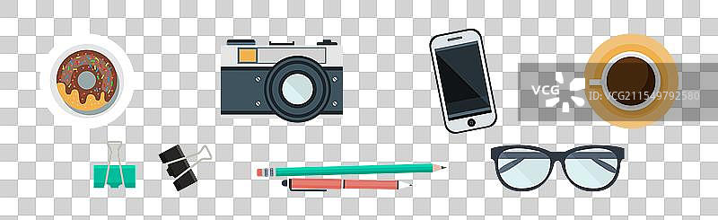 蓝色背景上的桌面和办公用品与设备图片素材