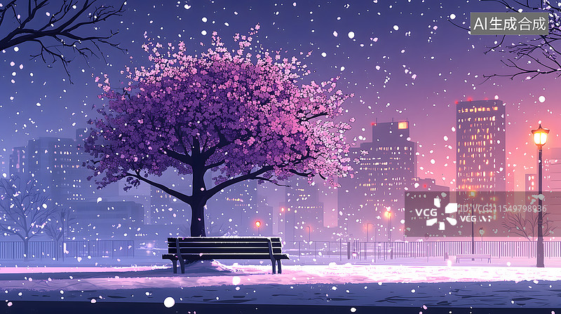【AI数字艺术】雪夜路灯下的长椅图片素材