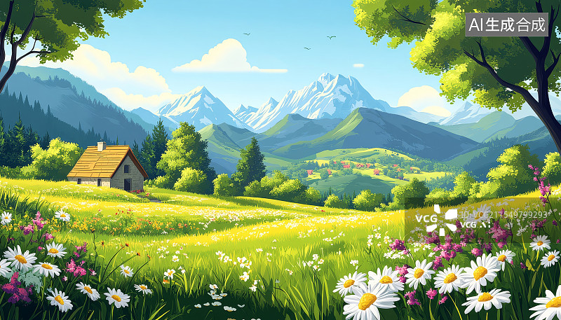 【AI数字艺术】山间小屋旁的多彩花海田园风光图片素材