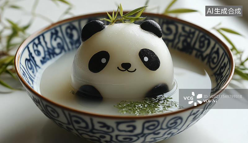 【AI数字艺术】青花瓷碗中的熊猫造型汤圆图片素材