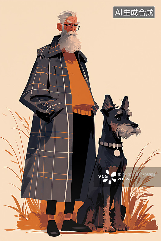【AI数字艺术】扁平插画主人和宠物白发老人和狗雪纳瑞犬图片素材