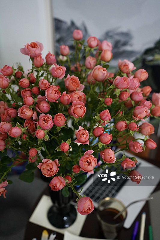 办公桌上一大束泡泡玫瑰图片素材