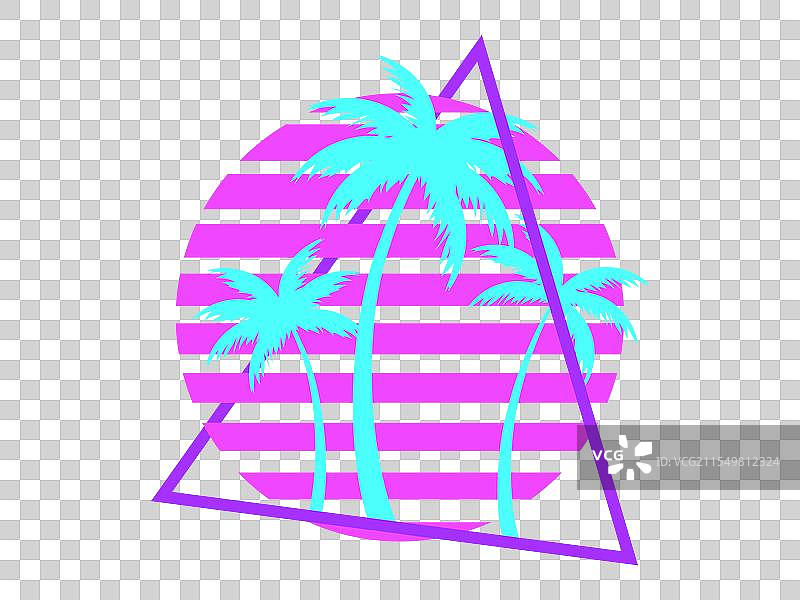 日落时的棕榈树，80年代风格的复古阳光图片素材