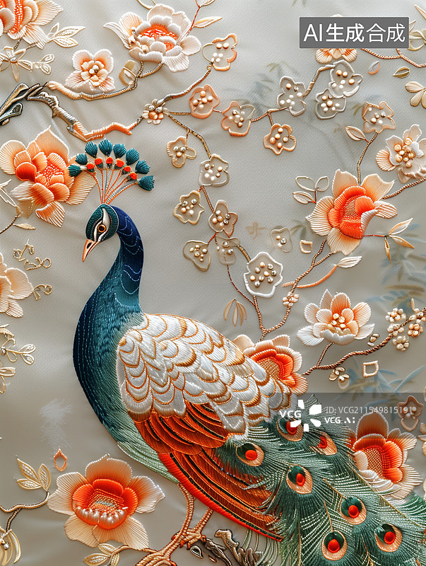 【AI数字艺术】刺绣风格的一只孔雀图片素材