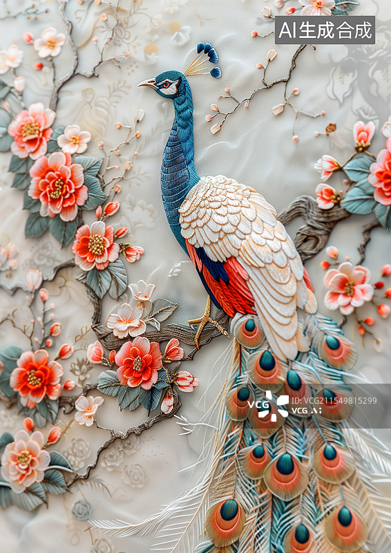 【AI数字艺术】刺绣风格的一只孔雀图片素材