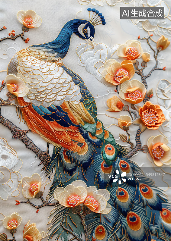 【AI数字艺术】刺绣风格的一只孔雀图片素材