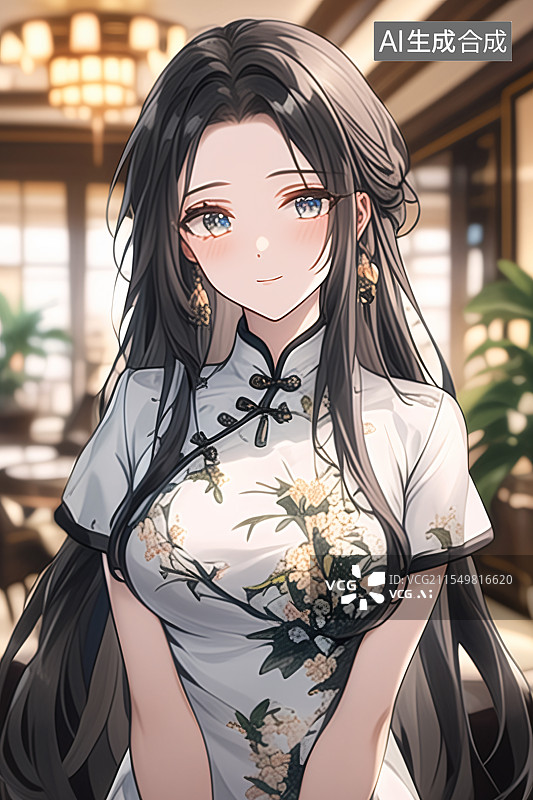 【AI数字艺术】插画中身着旗袍的美女站在中式现代装修的室内，融合优雅、文化与精致，适合作为小说或图书封面设计图片素材