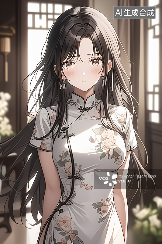 【AI数字艺术】插画中身着旗袍的美女站在中式现代装修的室内，融合优雅、文化与精致，适合作为小说或图书封面设计图片素材