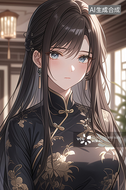 【AI数字艺术】插画中身着旗袍的美女站在中式现代装修的室内，融合优雅、文化与精致，适合作为小说或图书封面设计图片素材