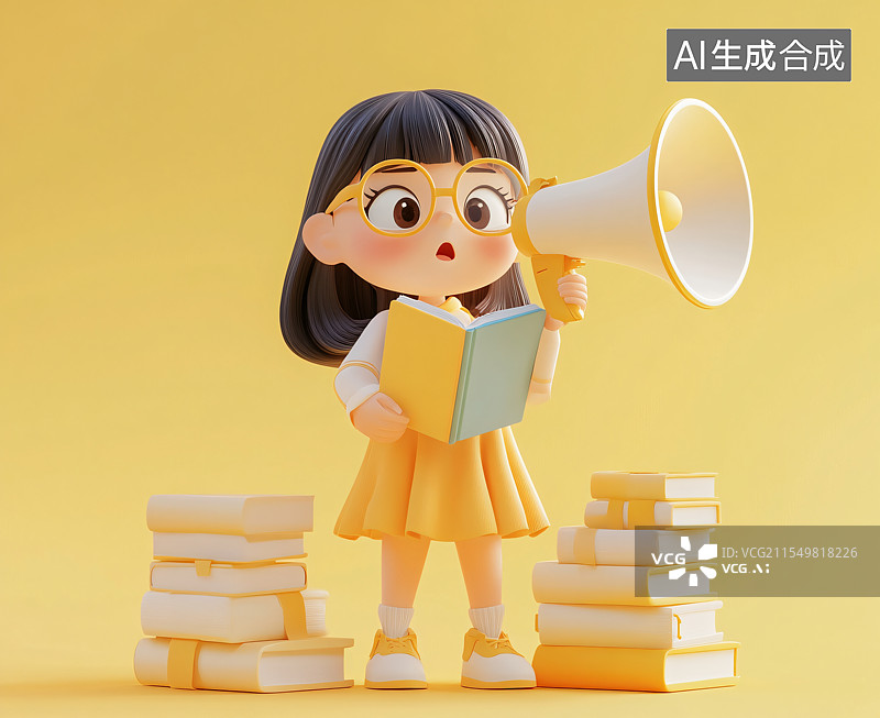 【AI数字艺术】卡通插画中，一个快乐的小女孩手拿喇叭和书本，站在黄色背景前，庆祝开学季的电子商务打折促销图片素材