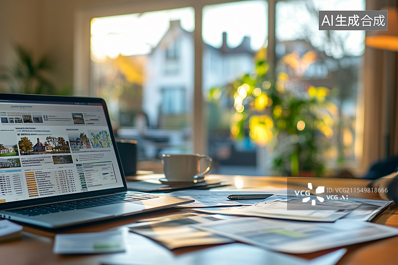 【AI数字艺术】桌上放着房屋模型和房地产投资分析图纸，代表房价、投资机会以及房地产市场中的建筑设计图片素材