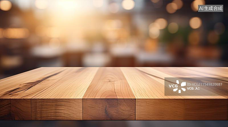 【AI数字艺术】木纹餐桌的暖意时光  虚化背景下的木质桌面图片素材