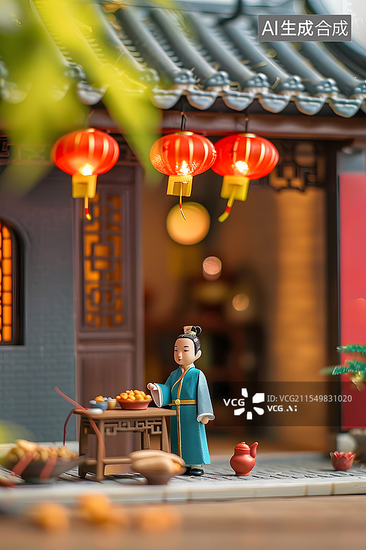 【AI数字艺术】微缩移轴摄影中国古风春节古镇场景图片素材