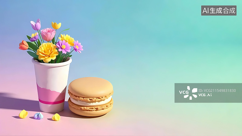 【AI数字艺术】马卡龙鲜花3D立体卡通元素清新温馨背景图片素材