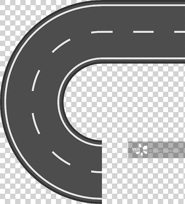 弯曲的道路上有虚线白线形成一个U形图片素材