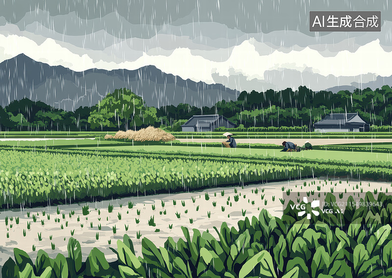 【AI数字艺术】雨中耕作的农民图片素材