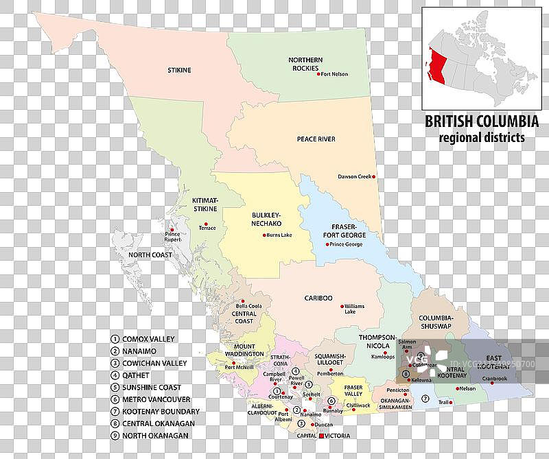 加拿大不列颠哥伦比亚省的行政地图图片素材
