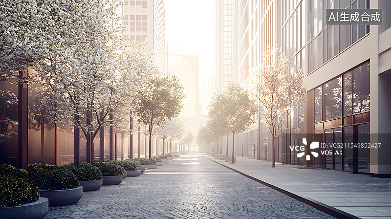 【AI数字艺术】AIGC：办公大楼商务中心的街道旁的樱花树图片素材
