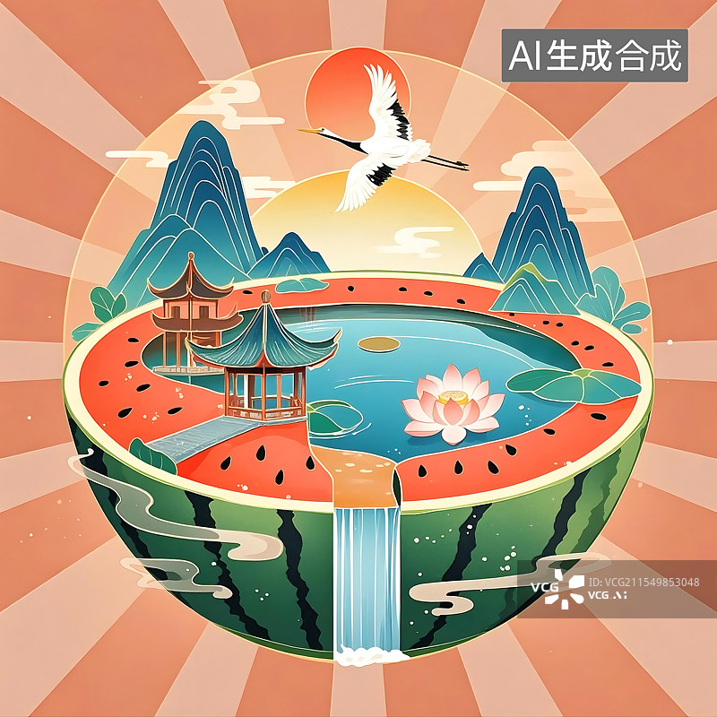 【AI数字艺术】二十四节气之夏天西瓜外型创意系列国潮风背景图片素材
