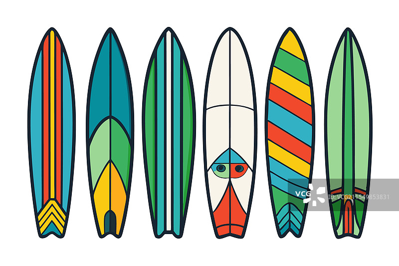 一组独特设计的冲浪板，色彩鲜艳图片素材