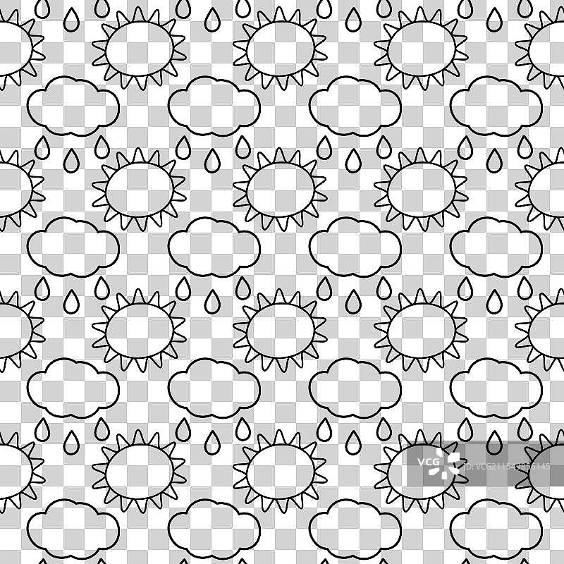 黑白色的轮廓云朵，带有雨滴和太阳图片素材