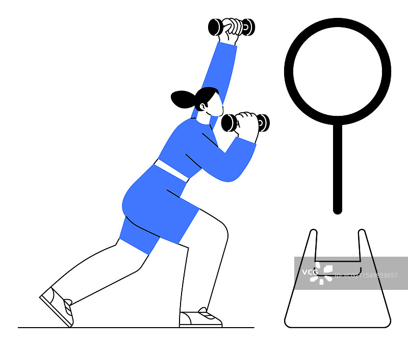 女性使用哑铃和装备标志进行锻炼图片素材